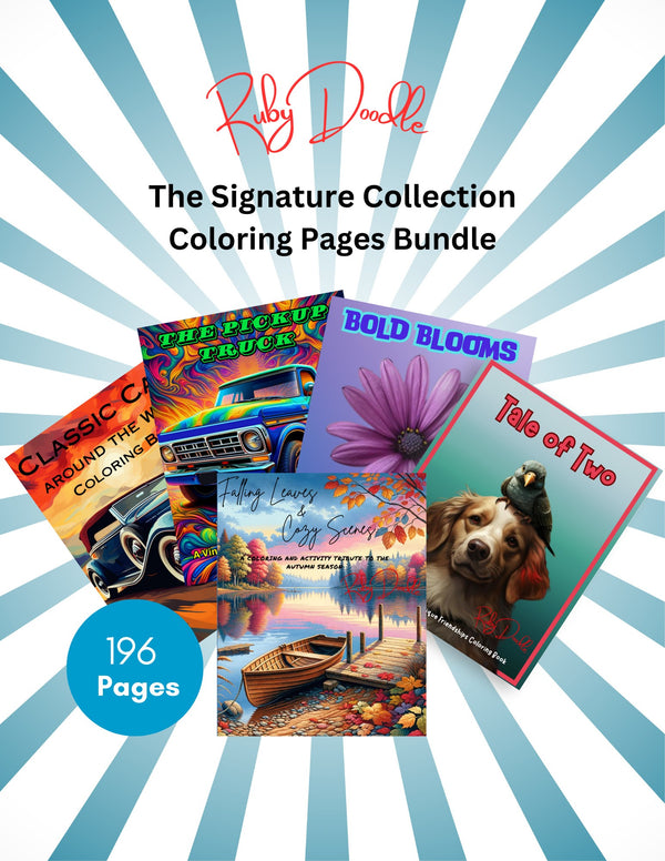 Digital Bundle - The Signature Collection Coloring Pages: Cars, Truck, Bold Blooms, Tale of Two, and Falling Leaves