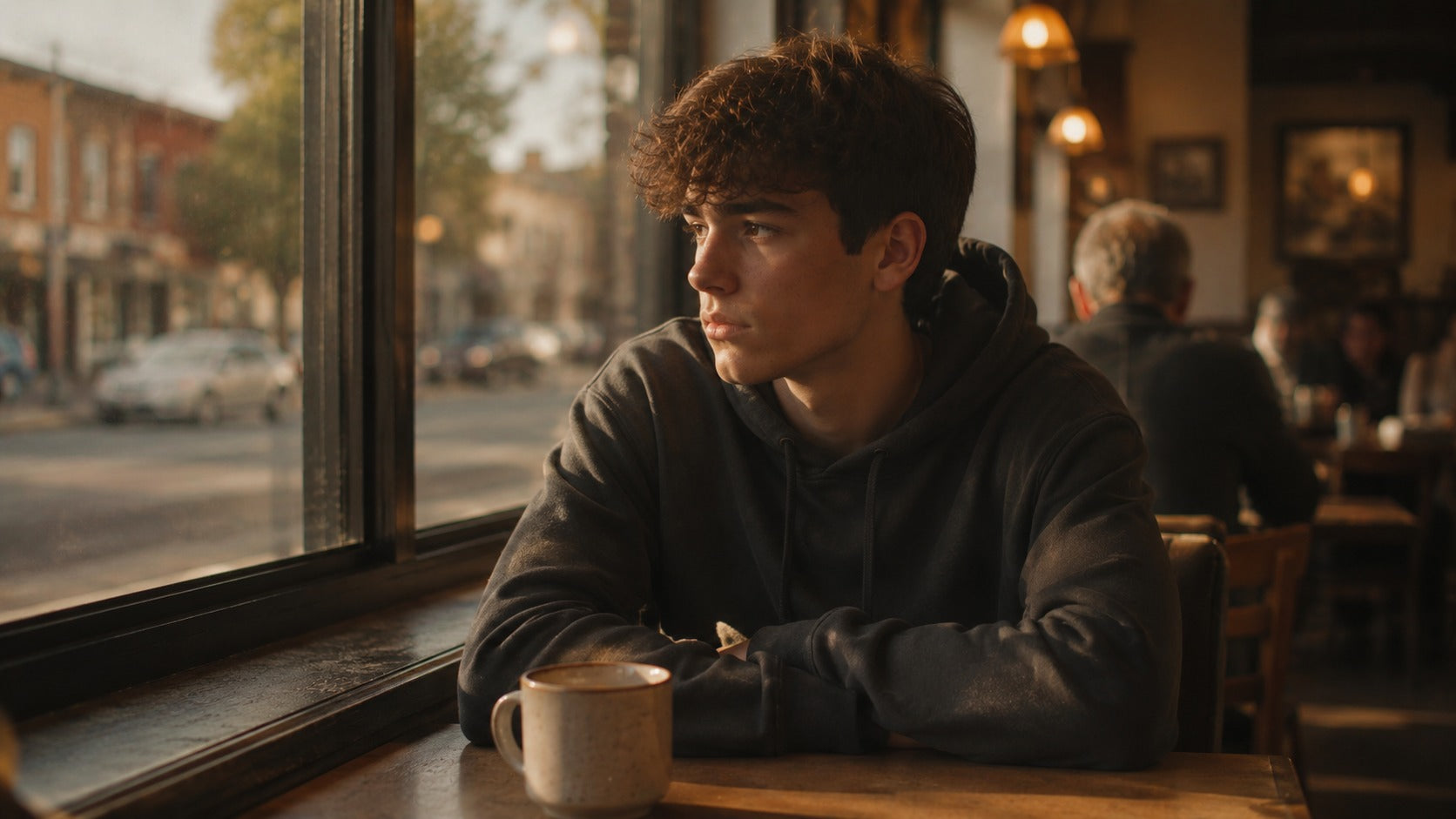 Young man sitting alone at a coffee shop window, looking out thoughtfully