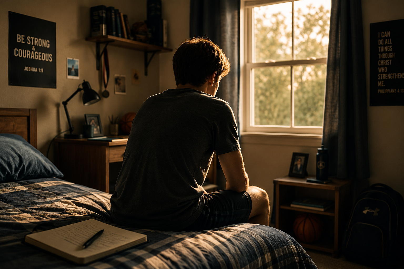 Teen boy sitting alone on the edge of a bed, back to camera — a quiet sign of teen boy insecurity that parents often mistake for attitude.