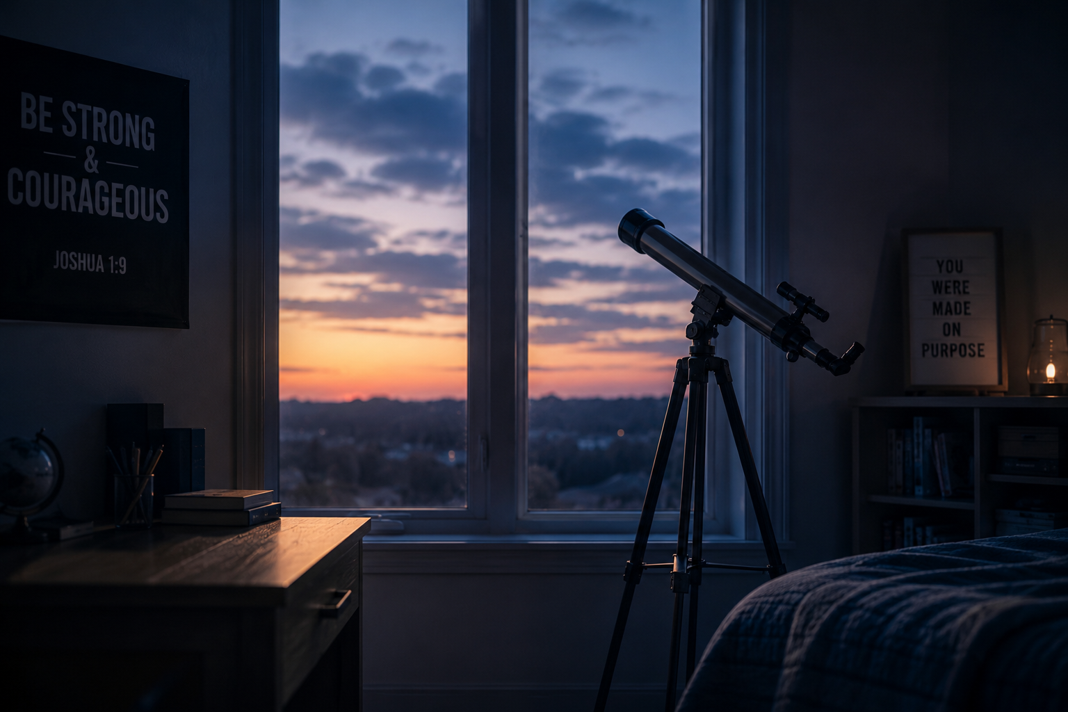 A lone telescope near a window at dusk, representing the quiet uniqueness of a teen boy who sees the world differently.