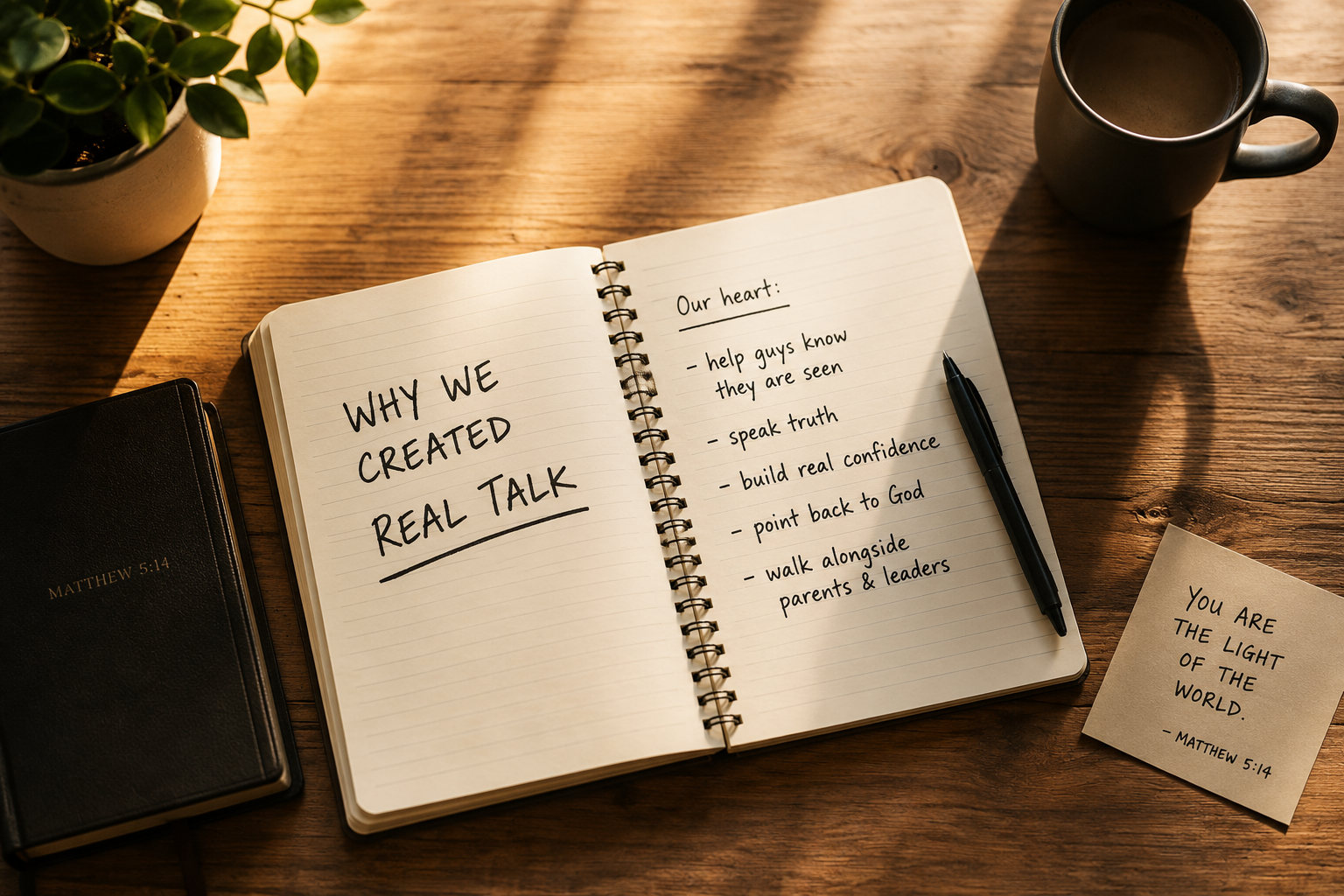 Open notebook on a wood desk in soft morning light, representing the story behind Real Talk for teen boys.
