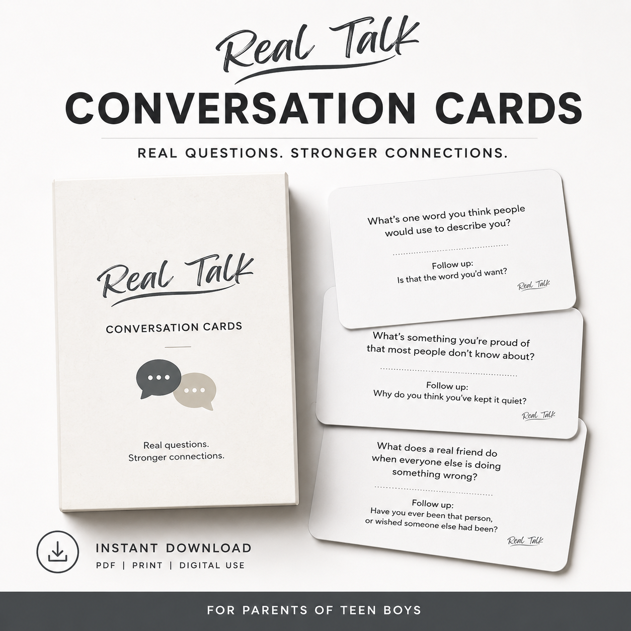 Real Talk Conversation Cards for teen boys, a faith-based discussion tool for families and small groups
