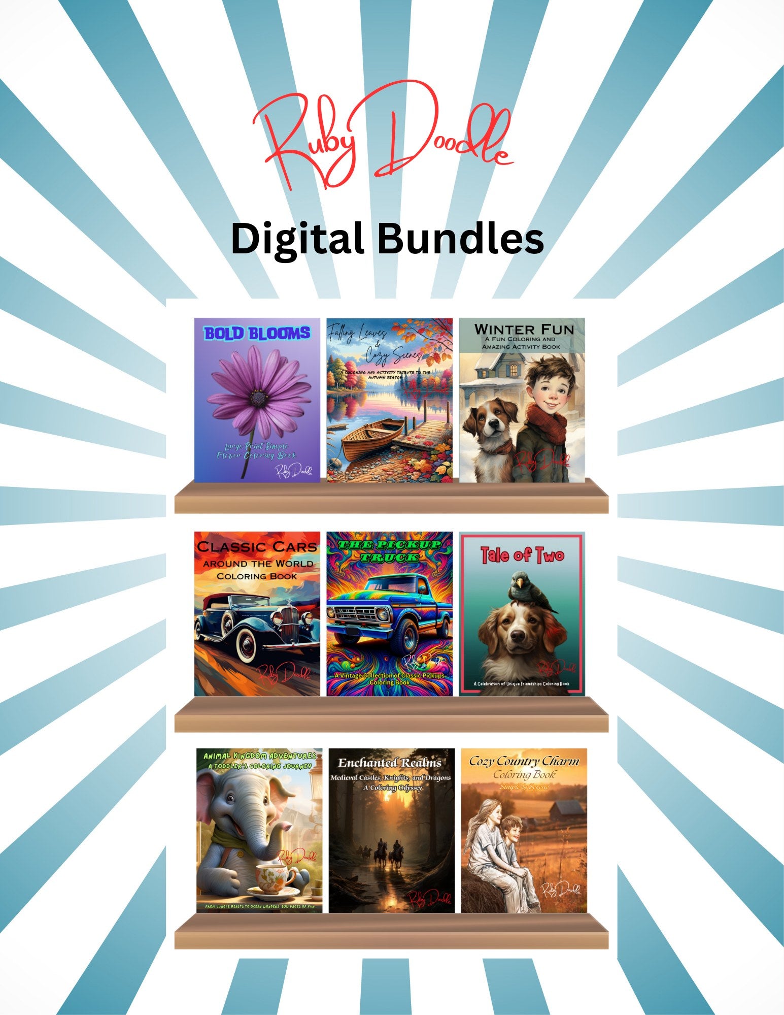 ruby-doodle-digital-bundles-collection, alt text: Ruby Doodle digital bundles, complete coloring book collection for adults and families