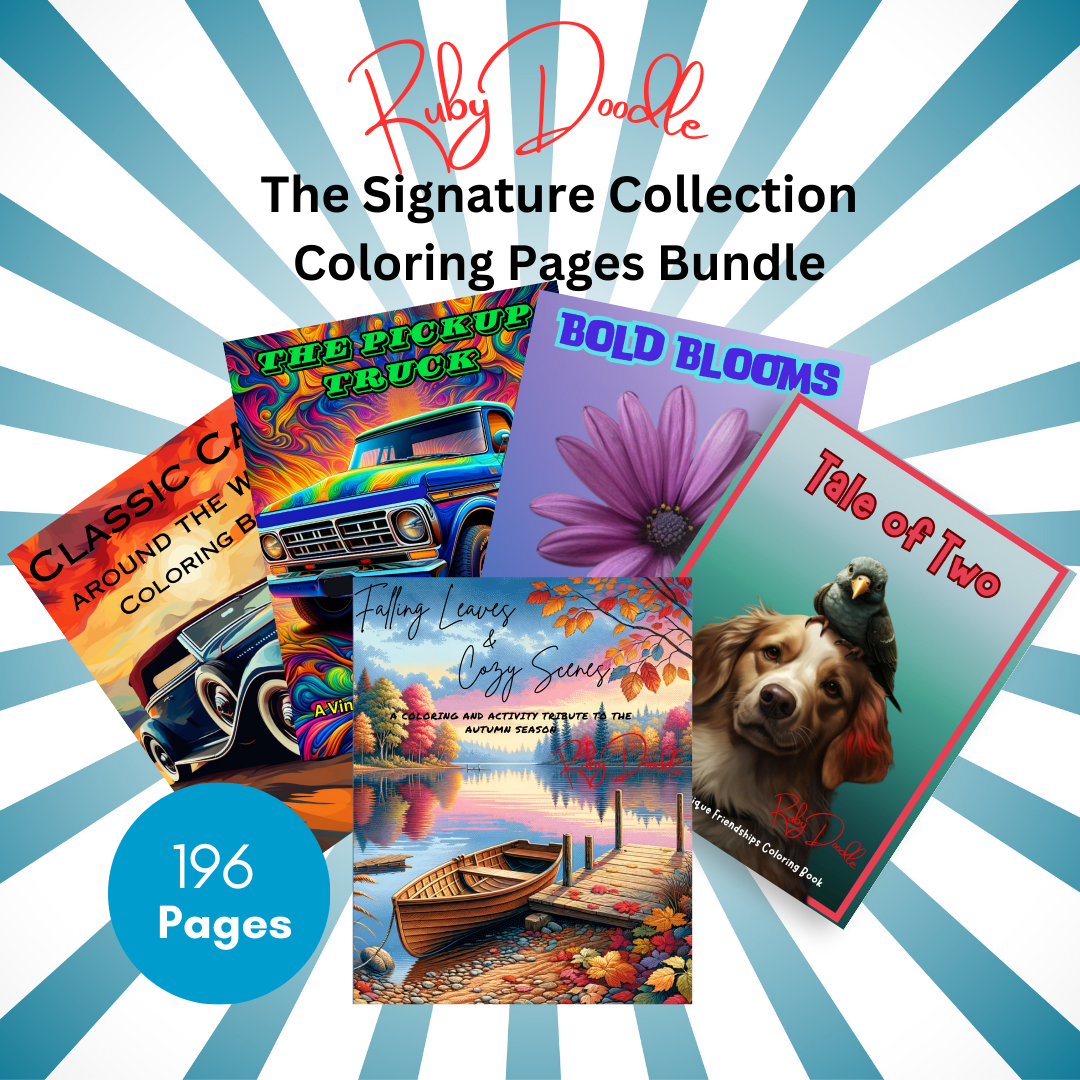 Digital Bundle - The Signature Collection Coloring Pages:  Cars, Truck, Bold Blooms, Tale of Two, and Falling Leaves