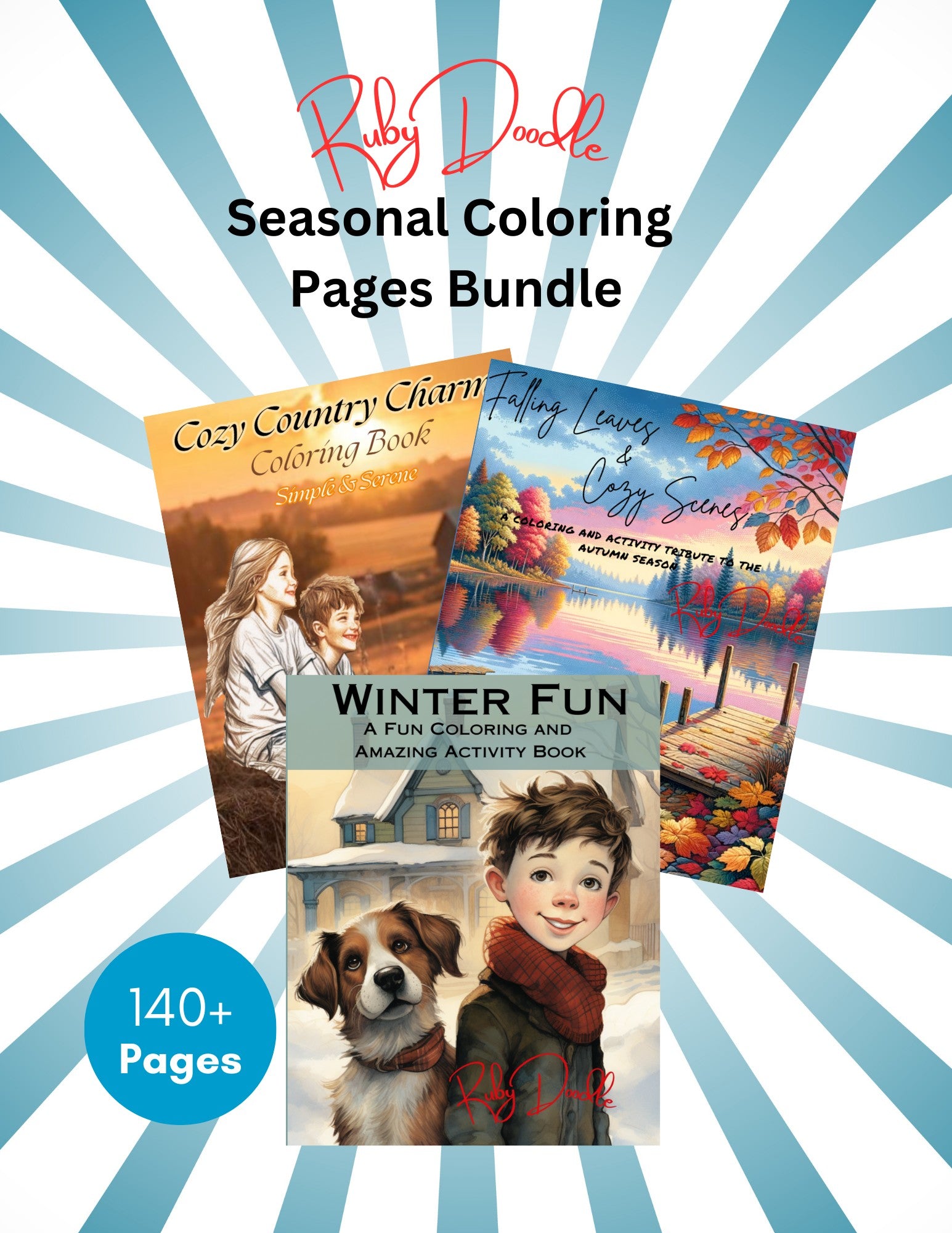 Seasonal Coloring Books digital bundle cover - Cozy Country Charm, Falling Leaves and Winter Fun