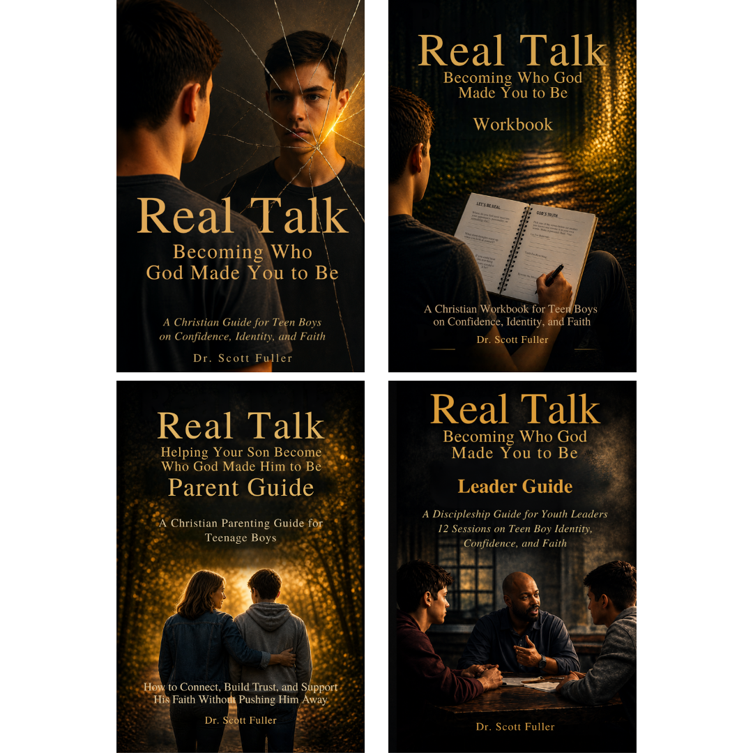 Real Talk series by Dr. Scott Fuller, student book, workbook, parent guide, and leader guide for teen boys, parents, and youth leaders