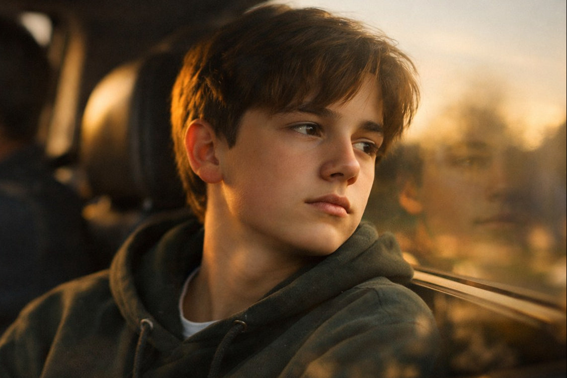 Teen boy looking out a car window, reflecting on identity and faith