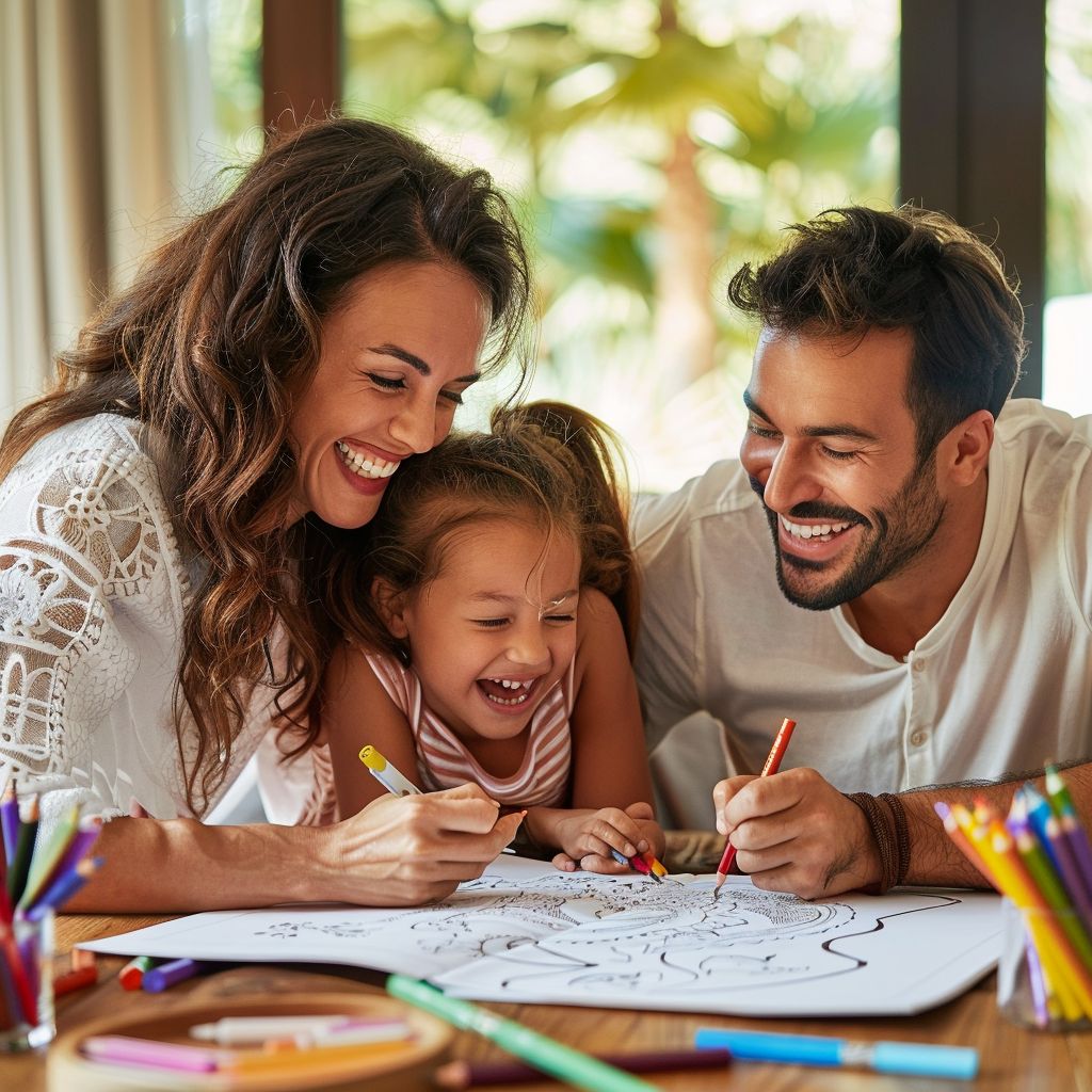Family coloring together, Ruby Doodle coloring books for adults, children, and families