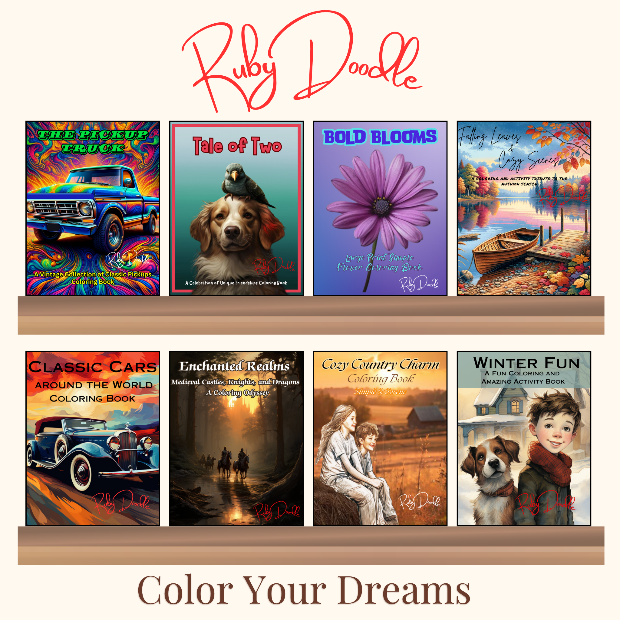 Ruby Doodle coloring books for kids and adults, creative coloring for every season of life